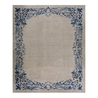 1920s Beige Solid Open Field Floral Antique Chinese Peking Room Size Knotted Rug For Sale