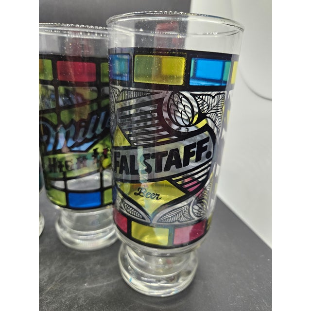 Set of 4, Vintage Stained Glass Bar Glasses Miller Falstaff Pabst Schaefer, Anchor Hocking