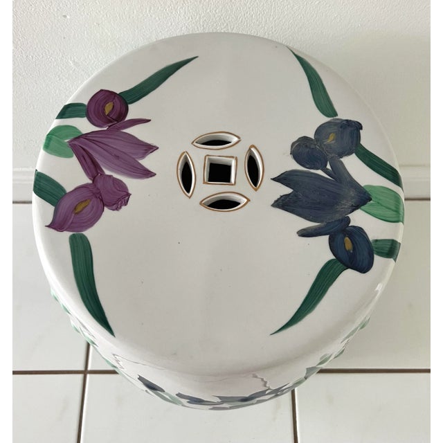 Hand Painted Garden Stool With Irises For Sale In Miami - Image 6 of 12