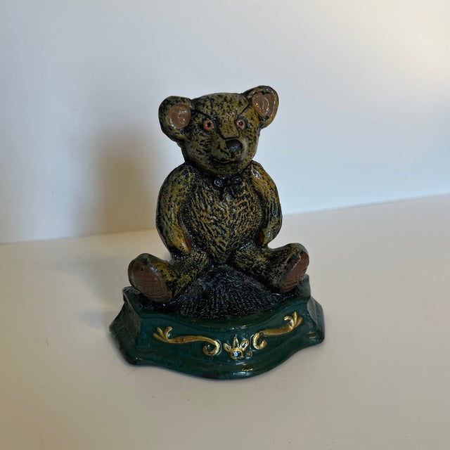 Traditional Mid 20th Century Small Hand Painted Cast Iron Doorstop - Teddy Bear For Sale - Image 3 of 8
