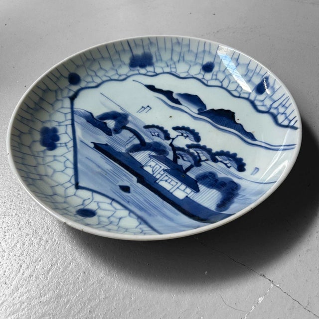 Blue Vintage Blue-and-White Landscape Plate from Arita, 1940s For Sale - Image 8 of 8