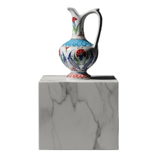 Handmade Ceramic “Aslanagzi” Ewer (20cm) Traditional Lion’s Mouth Spout – Red Tulip & Turquoise Pedestal Pitcher For Sale