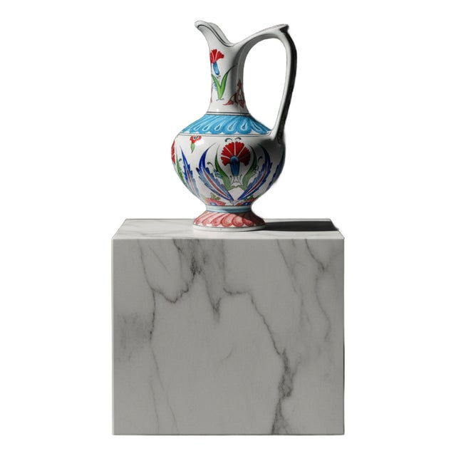 Handmade Ceramic “Aslanagzi” Ewer (20cm) Traditional Lion’s Mouth Spout – Red Tulip & Turquoise Pedestal Pitcher For Sale