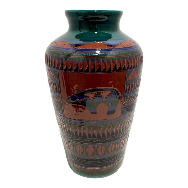 Monumental Southwestern Studio Art Pottery Vase Signed W. Johnson “Navajo” – Carved Bear Motif For Sale