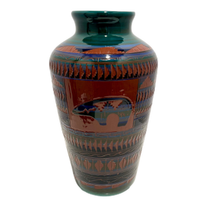 Monumental Southwestern Studio Art Pottery Vase Signed W. Johnson “Navajo” – Carved Bear Motif