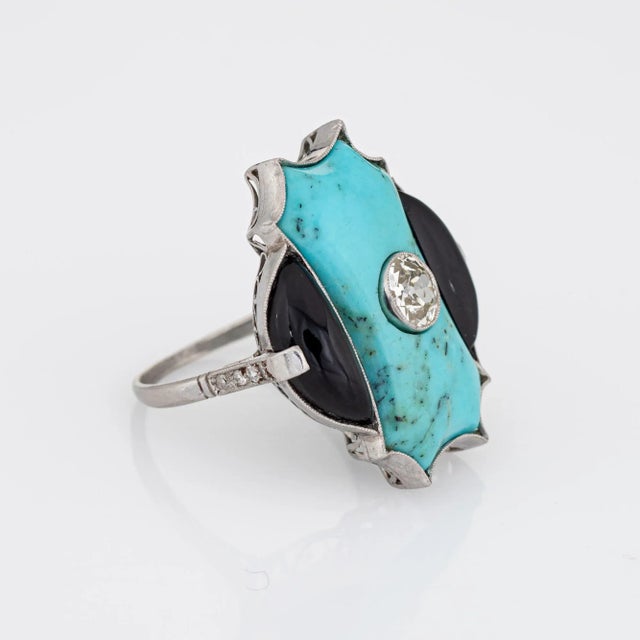 Art Deco Early 20th Century Vintage Art Deco Ring Diamond Turquoise Onyx Platinum Cocktail size 7.75 For Sale - Image 3 of 6