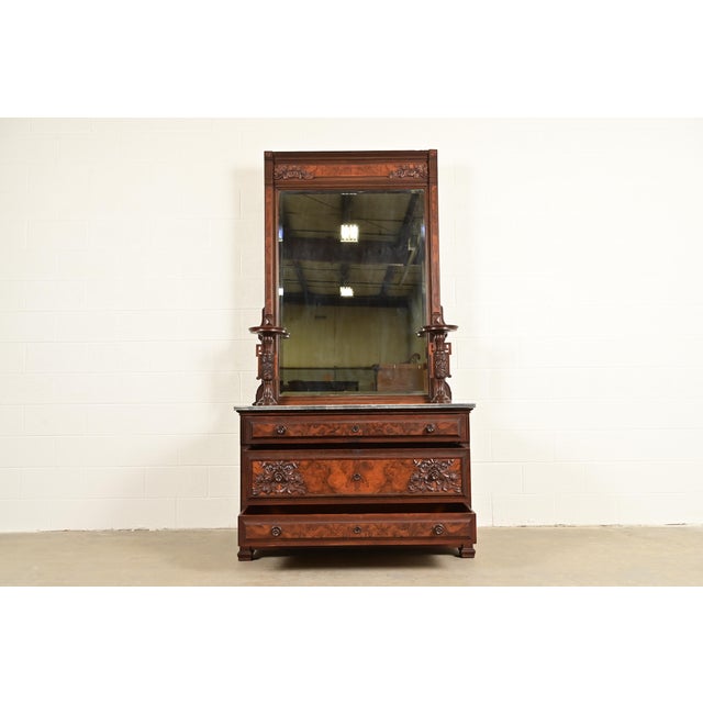 Late 19th Century Bernheimer Collection Antique Monumental Eastlake Victorian Burled Walnut and Marble Top Vanity or Dressing Table With Mirror, Circa 1880s For Sale - Image 5 of 18