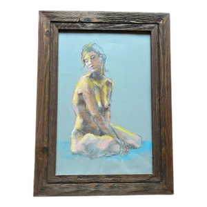 Vintage Pastel of Nude Woman in Vintage Barn Wood Frame