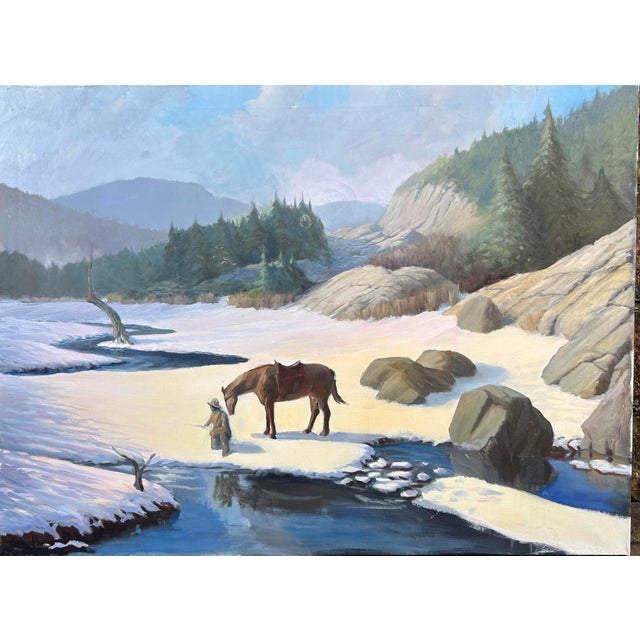 Vintage original large oil painting, unframed of a man and his horse in a snowy mountain landscape. Unsigned but from the...