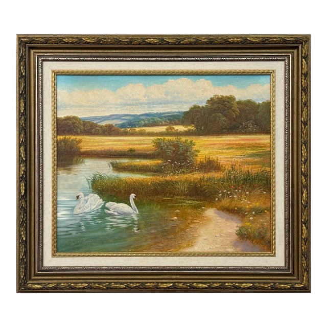 Swans on a River with Wild Flowers in the English Countryside by British Artist 1980 Circa For Sale