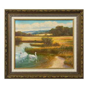 Swans on a River with Wild Flowers in the English Countryside by British Artist 1980 Circa