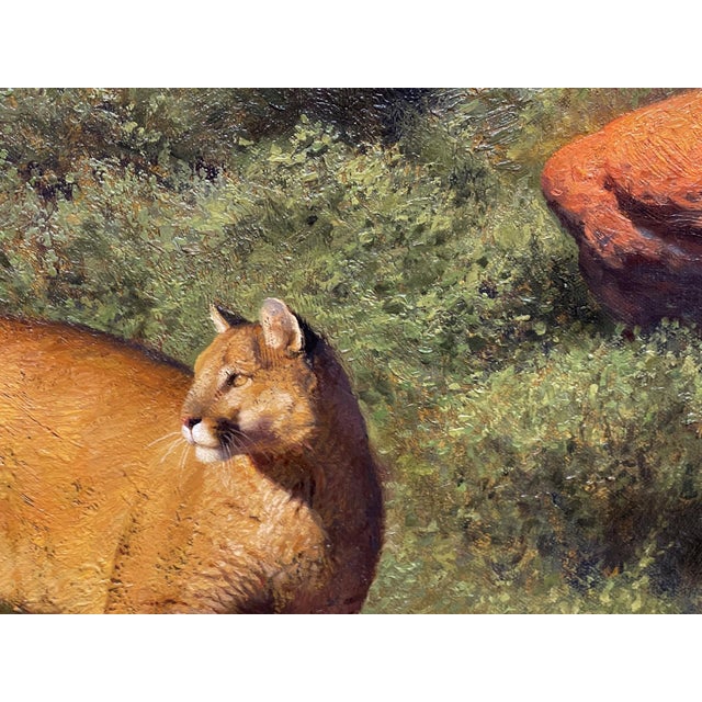 Shadow's Edge by Diego Glazer | Oil on Canvas Mountain landscape with a lion at sunset. For Sale - Image 4 of 5