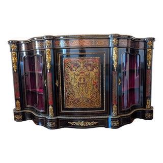 French Boulle-Style Sideboard in Wood with Brass and Glass, 1800s For Sale