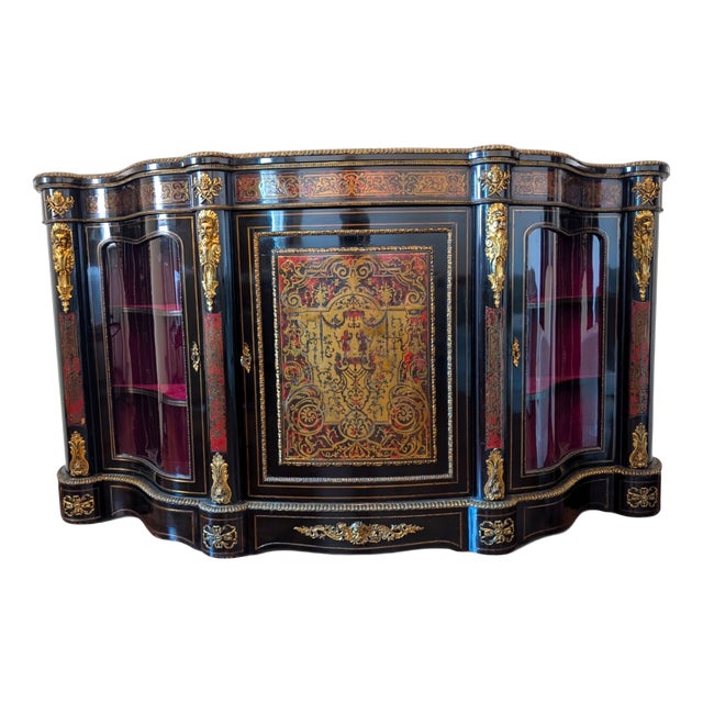 French Boulle-Style Sideboard in Wood with Brass and Glass, 1800s For Sale