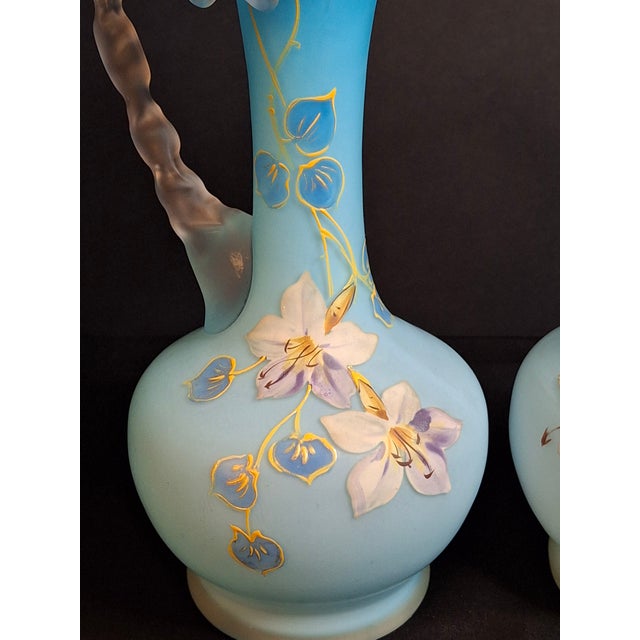 Antique Pair Victorian Blue Satin Cased Glass Pitcher Ewers Hand Painted Orchids Frosted Coral Branch Handles Ruffled Rim - a Pair For Sale - Image 10 of 18