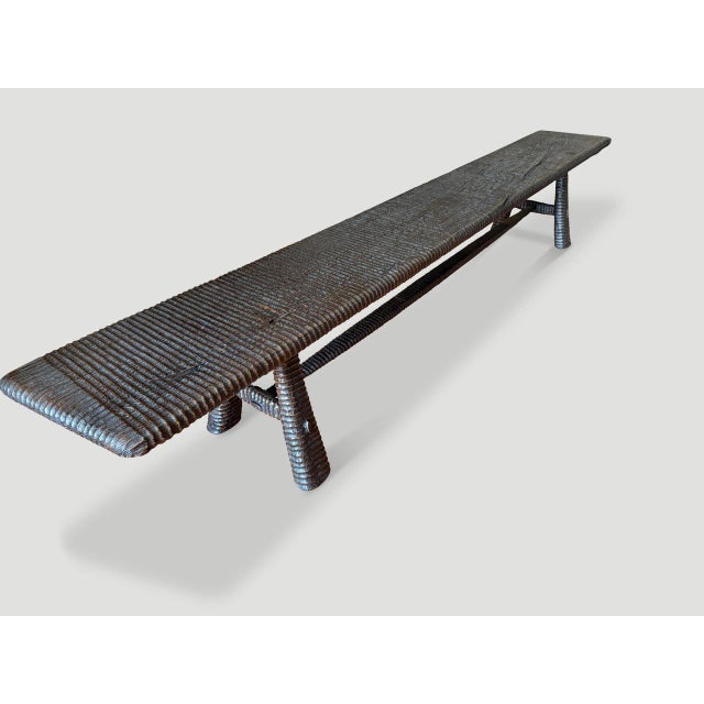 Andrianna Shamaris Impressive Minimalist Hand Carved Teak Wood Bench For Sale - Image 17 of 18