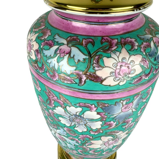 Turquoise Vintage Asian Turquoise Floral Chinoiserie Hand Painted Ceramic Table Lamp For Sale - Image 8 of 9