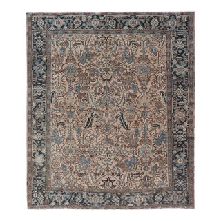 Early 20th Century Square Size Persian Heriz Rug With All-Over Sub Floral Design in Brown & Blue For Sale