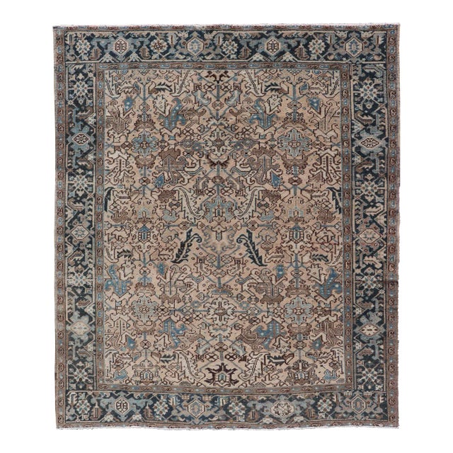 Early 20th Century Square Size Persian Heriz Rug With All-Over Sub Floral Design in Brown & Blue For Sale