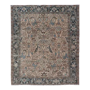 Early 20th Century Square Size Persian Heriz Rug With All-Over Sub Floral Design in Brown & Blue
