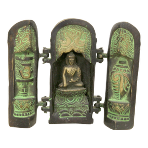 Vintage Mid-Century Tibetan Cast Bronze Triptych Folding Buddhist Shrine Altar