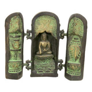 Vintage Mid-Century Tibetan Folding Buddhist Triptych Shrine Altar Cast Bronze-Verdigris For Sale