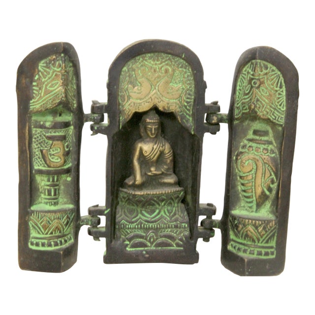 Vintage Mid-Century Tibetan Folding Buddhist Triptych Shrine Altar Cast Bronze-Verdigris For Sale