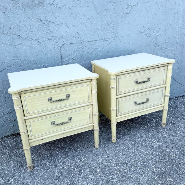 A highly sought-after pair of vintage Henry Link Bali Hai nightstands, showcasing the collection’s iconic faux bamboo...
