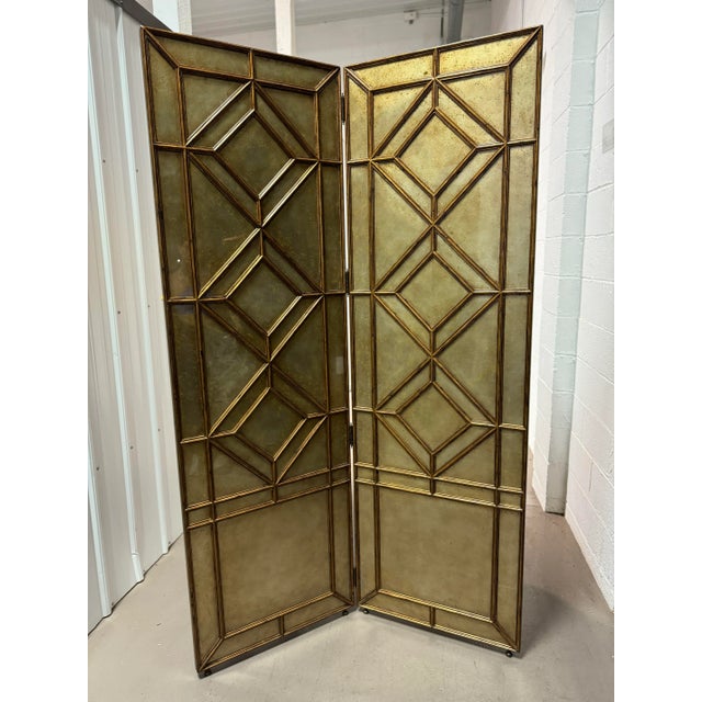 Theodore Alexander Attributed Two Panel Diamond Pattern Gold Leaf Screen For Sale - Image 10 of 10