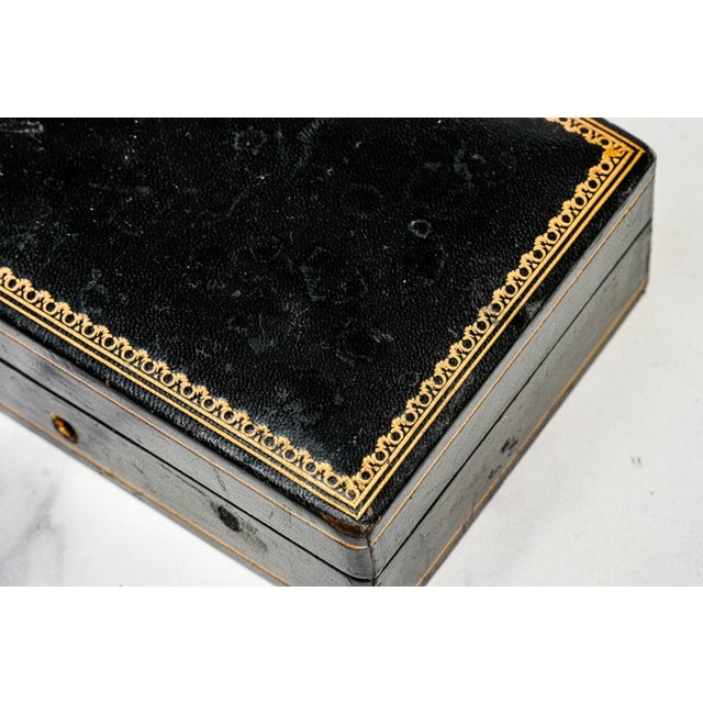 Italian Nice Mid Century Vintage Italian Black Leather Gold Border Jewelry Trinket Box For Sale - Image 3 of 18