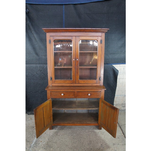 Antique Early American Stepback Farmhouse Oak Kitchen Cupboard Display Cabinet For Sale - Image 13 of 15