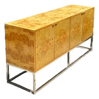 Vintage Bernhardt “Flair” Burl Wood Credenza on Chrome Base For Sale