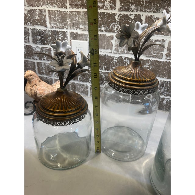 Late 20th Century Glass Canisters With Gold and White Porcelain Flowers For Sale - Image 6 of 6