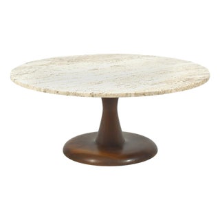 Mid-Century Coffee Table in Walnut and Travertine For Sale