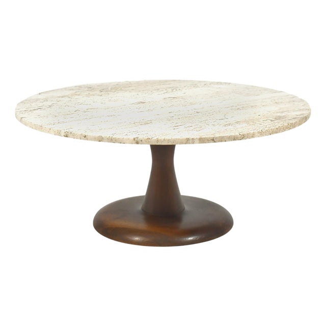 Mid-Century Coffee Table in Walnut and Travertine For Sale