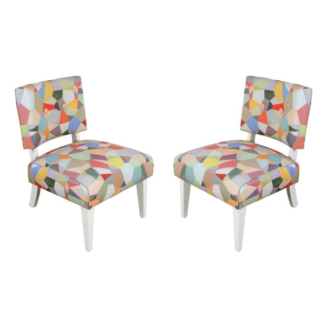 Pair of Art Deco Style Painted and Newly Upholstered Multicolor Strie Patchwork Slipper Chairs For Sale