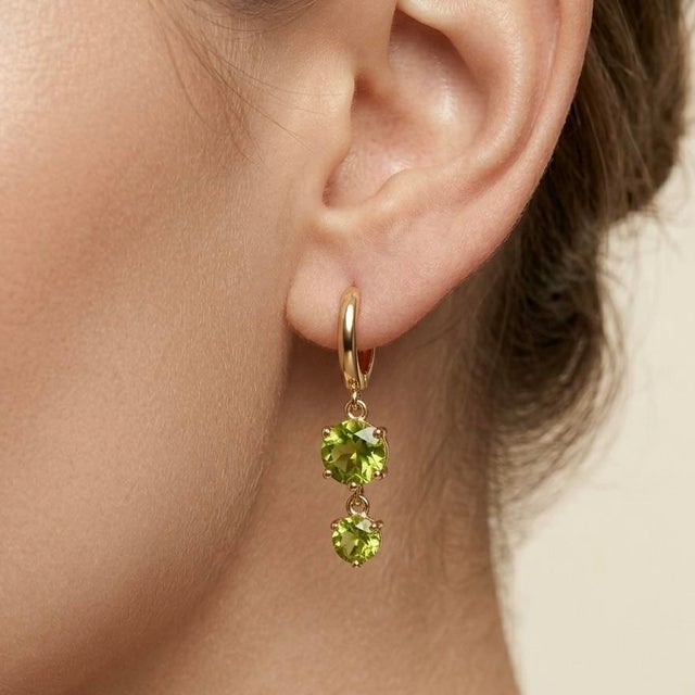 Contemporary Peridot Graduated Double Drop 18k Gold Plated Huggies, August Birthstone Earrings - A Pair For Sale - Image 3 of 6