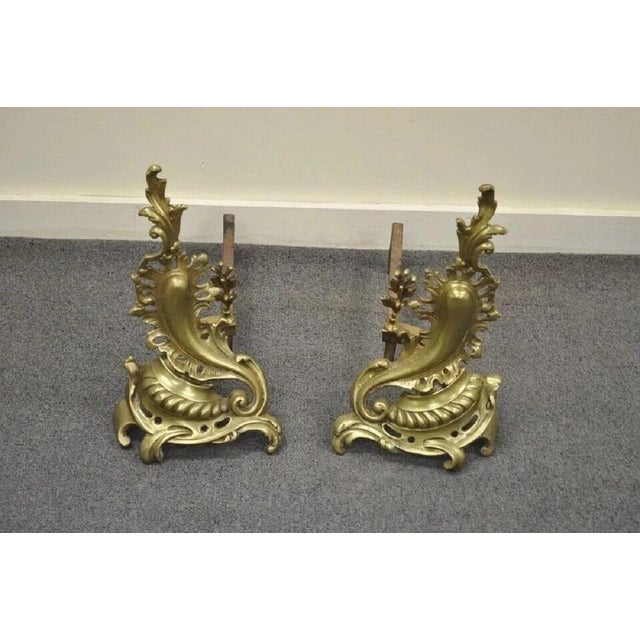 Antique French Louis XV Rococo Style Bronze Brass Acanthus Andirons - A Pair For Sale - Image 11 of 11