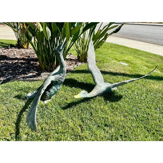 Title Pair of Large Japanese Bronze Garden Duck Sculptures – Verdigris Patina, Life-Size Waterfowl Statues Description A...