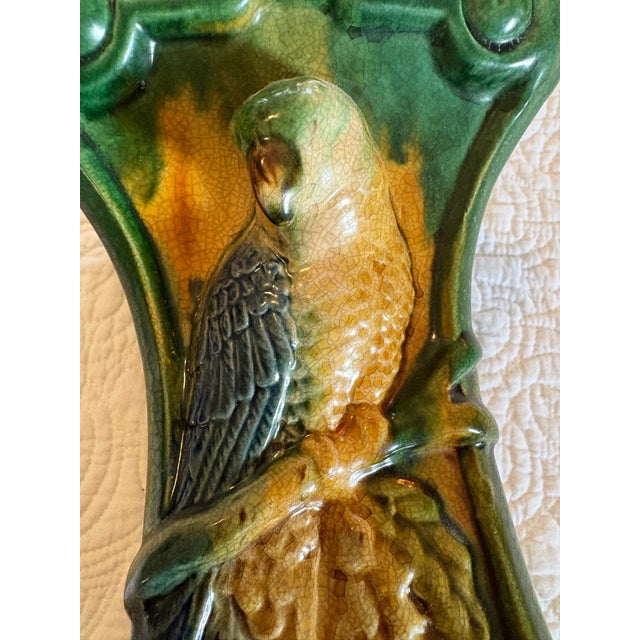 Green Vintage Majolica Style Glazed Pottery Vase With Parrot For Sale - Image 8 of 9