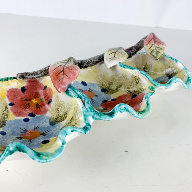 Vintage Italian Divided Floral Pottery Nut Dish Hand Painted Signed Numbered For Sale In Baltimore - Image 6 of 10