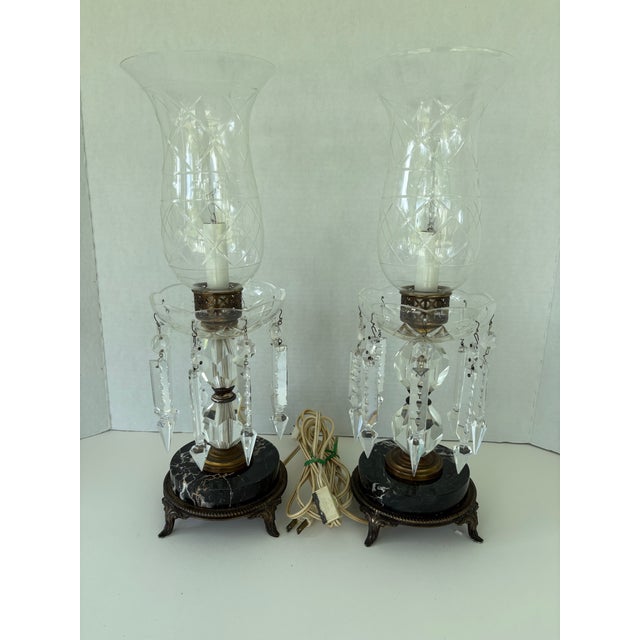 Metal Pair of Vintage Crystal Prism Boudoir Lamps With Marble Bases and Etched Glass Shades For Sale - Image 7 of 12