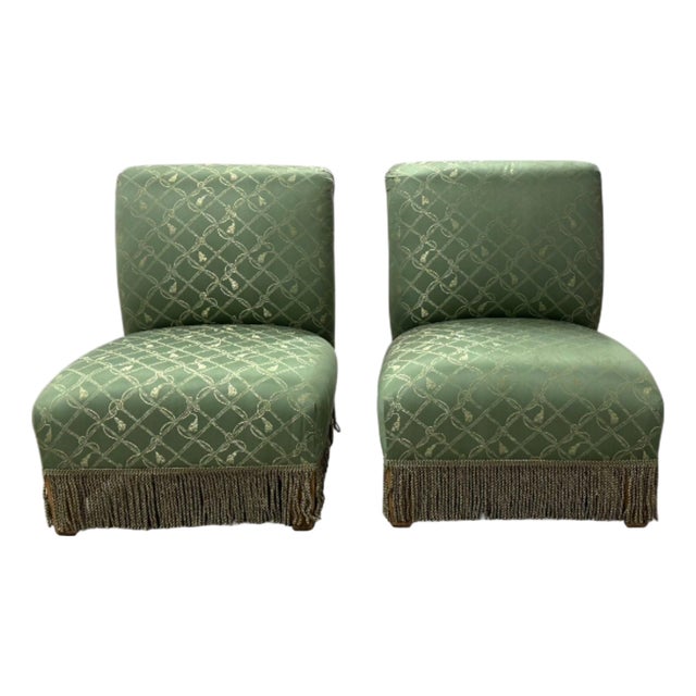 A Pair of Mid-19th Century Upholstered Slipper Chairs With Damask Fabric. For Sale