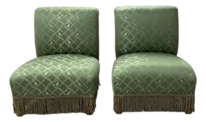 A Pair of Mid-19th Century Upholstered Slipper Chairs With Damask Fabric.