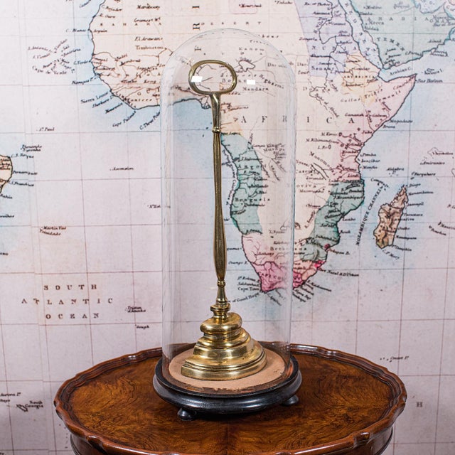 This is a tall antique display dome. An English, glass and ebonised mahogany showcase, dating to the Edwardian period,...