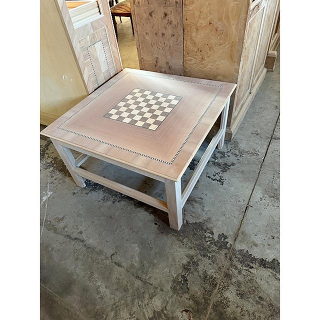 Italian natural coffee table with chessboard. walnut with cherry inlays unpainted natural wood table for sofa. a piece of...