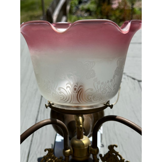 Vintage 3 Light Brass Wall Sconce With Vianne Gas/Electric Shades For Sale - Image 12 of 12