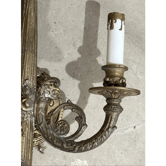 Vintage Neoclassical Style Brass 2 Arm Weird Wall Sconce For Sale - Image 4 of 7