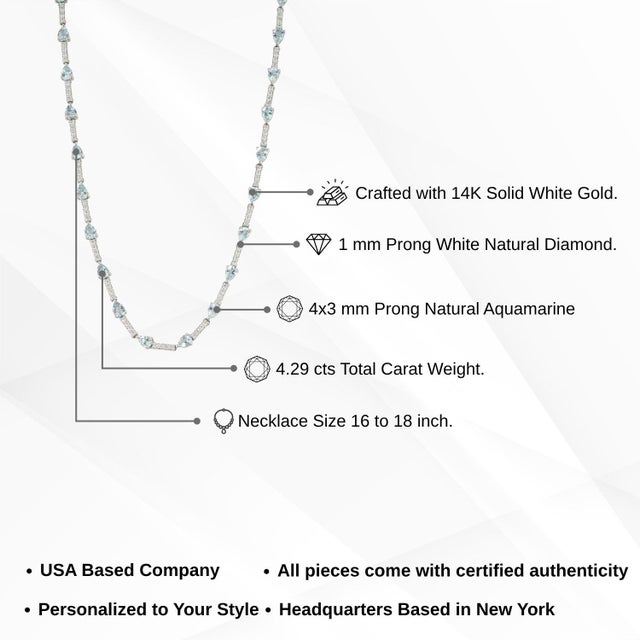 4.29ct Natural Aquamarine & 1.11ct Diamond Tennis Necklace in 14k White Gold For Sale - Image 11 of 16