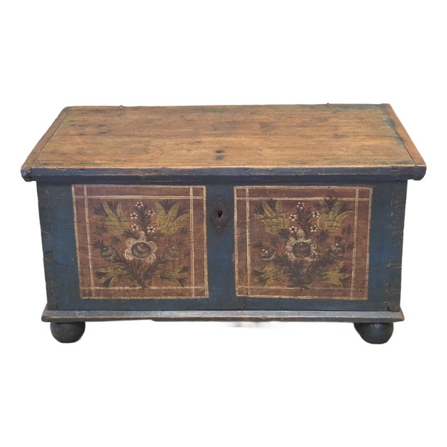Antique 19th Century German or Austrian Original Blue Painted Pine Blanket Chest For Sale